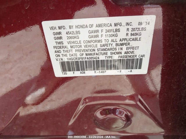 Honda Accord Ex-l V-6 2015 1HGCR3F81FA005424 Image 9