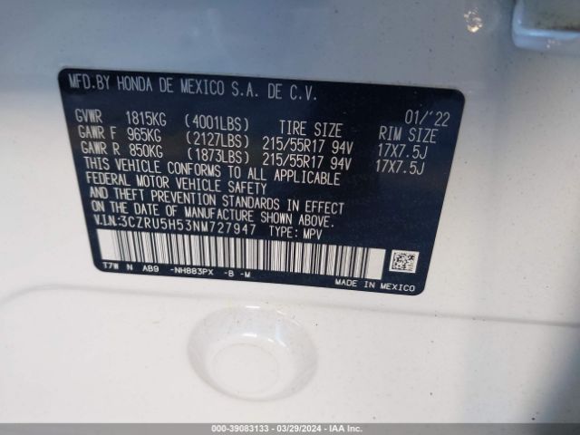3CZRU5H53NM727947 Honda Hr-v 2wd Ex