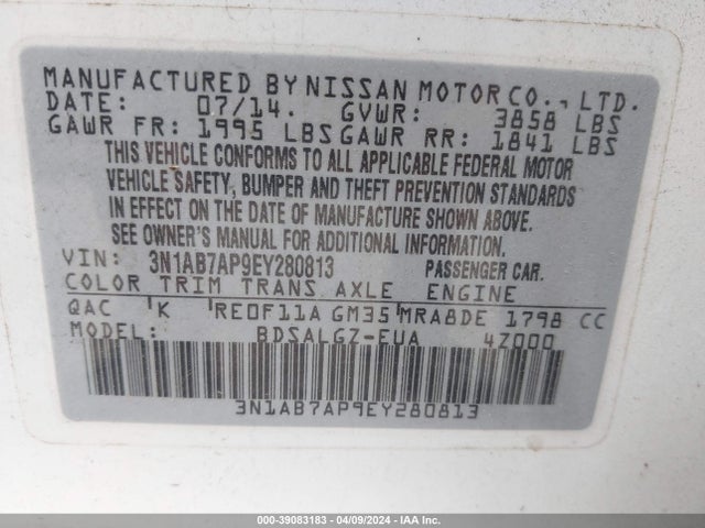 Nissan SENTRA SL 2014 3N1AB7AP9EY280813 Image 9
