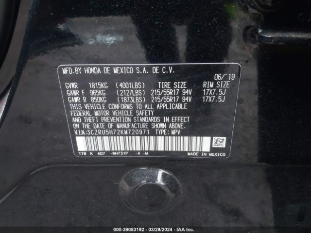 3CZRU5H72KM720971 Honda Hr-v Ex-l