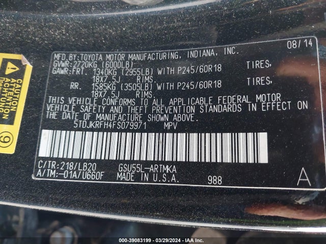 Toyota Highlander Xle V6 2015 5TDJKRFH4FS079971 Image 9