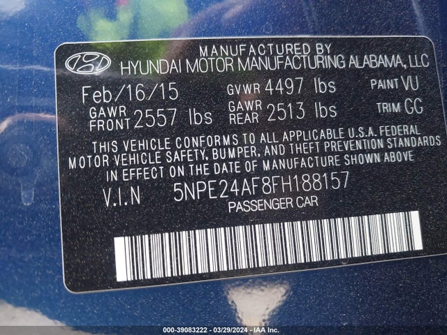 Hyundai SONATA SE 2015 5NPE24AF8FH188157 Image 9