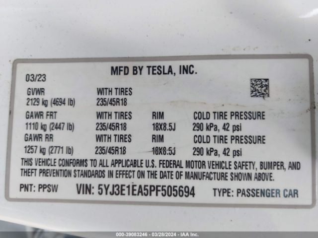 5YJ3E1EA5PF505694 Tesla Model 3 Rear-wheel Drive
