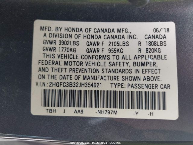 2HGFC3B32JH354921 Honda Civic Ex-t