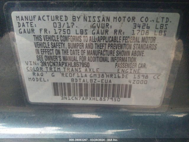 3N1CN7APXHL857950 Nissan Versa 1.6 Sv