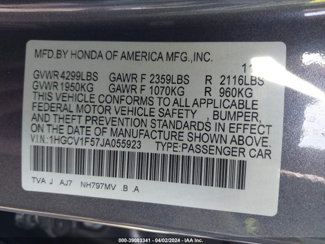 Honda Accord Ex-l 2018 1HGCV1F57JA055923 Image 9