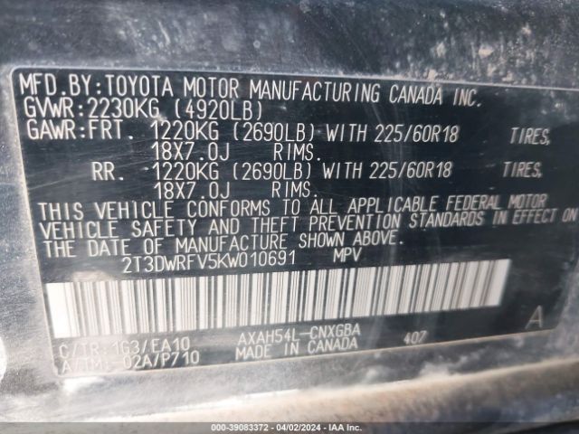 2T3DWRFV5KW010691 Toyota Rav4 Hybrid Limited