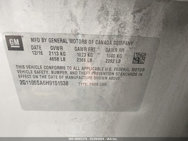 Chevrolet IMPALA 1LT 2017 2G1105SA6H9151538 Image 9