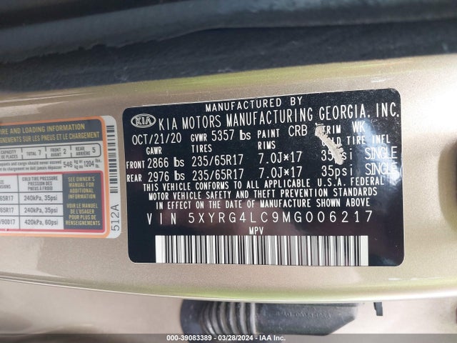 KIA SORENTO LX 2021 5XYRG4LC9MG006217 Image 9