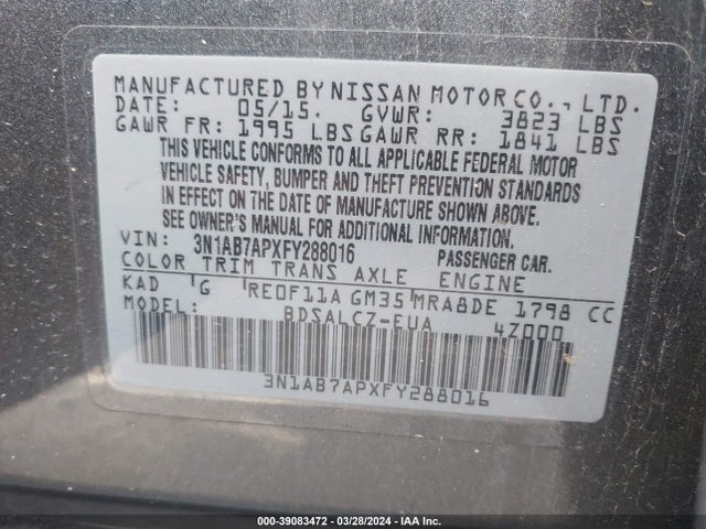 Nissan SENTRA S 2015 3N1AB7APXFY288016 Image 9