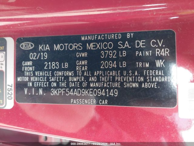 3KPF54AD9KE094149 KIA FORTE EX