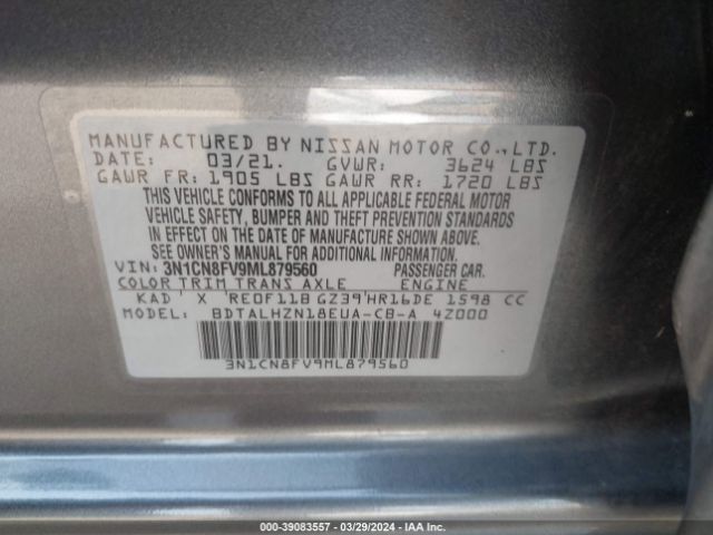 3N1CN8FV9ML879560 Nissan Versa Sr Xtronic Cvt