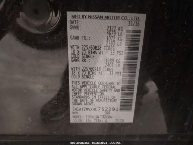 5N1AT2MVXHC752291 Nissan Rogue Sl