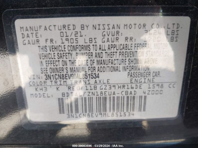 3N1CN8EV9ML851534 Nissan Versa Sv Xtronic Cvt