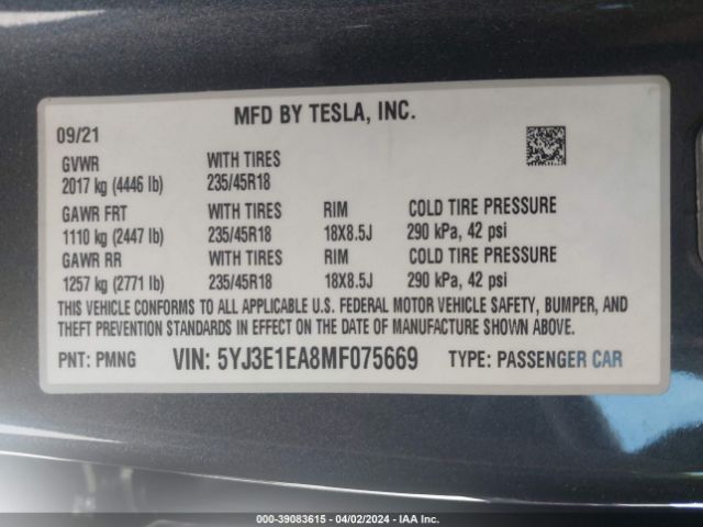 5YJ3E1EA8MF075669 Tesla Model 3 Standard Range Plus Rear-wheel Drive