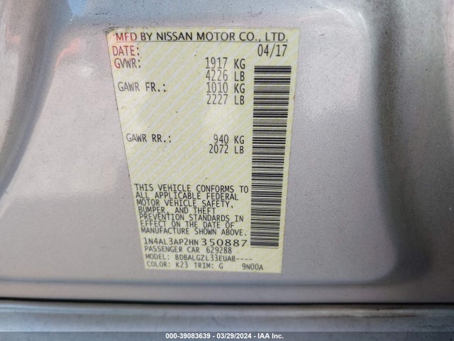 Nissan Altima 2.5 S 2017 1N4AL3AP2HN350887 Image 9