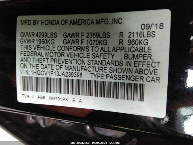 Honda ACCORD LX 2018 1HGCV1F13JA239396 Image 9