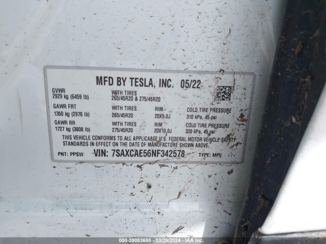 7SAXCAE56NF342578 Tesla Model X Dual Motor All-wheel Drive