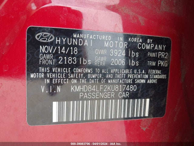 KMHD84LF2KU817480 Hyundai ELANTRA SEL