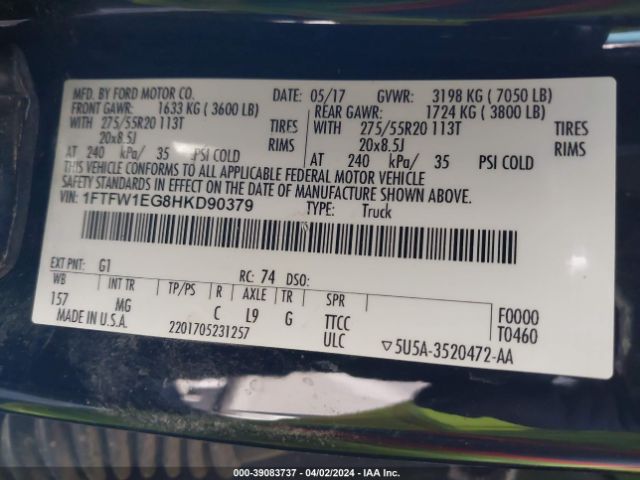 1FTFW1EG8HKD90379 Ford F-150 Xlt