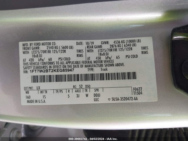 Ford F-250 Xl 2019 1FT7W2BT2KEG85947 Image 9