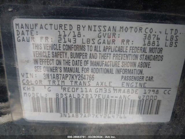 Nissan SENTRA SV 2019 3N1AB7AP7KY264766 Image 9