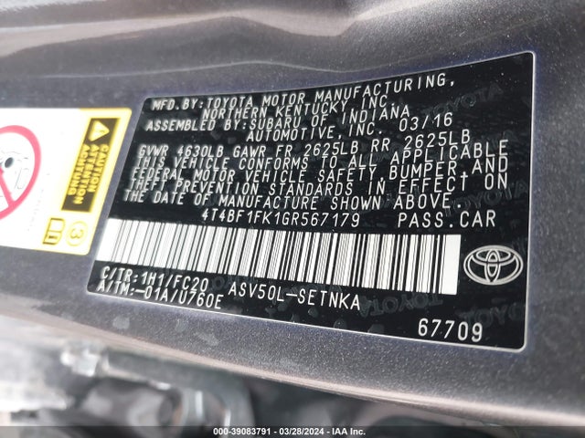 Toyota CAMRY LE 2016 4T4BF1FK1GR567179 Image 9