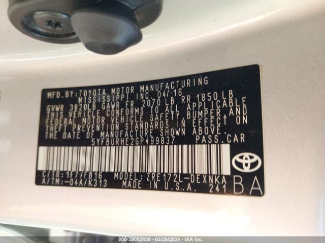 5YFBURHE2GP499837 Toyota COROLLA LE