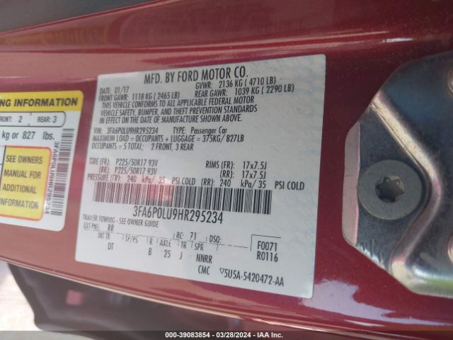 3FA6P0LU9HR295234 Ford Fusion Hybrid Se