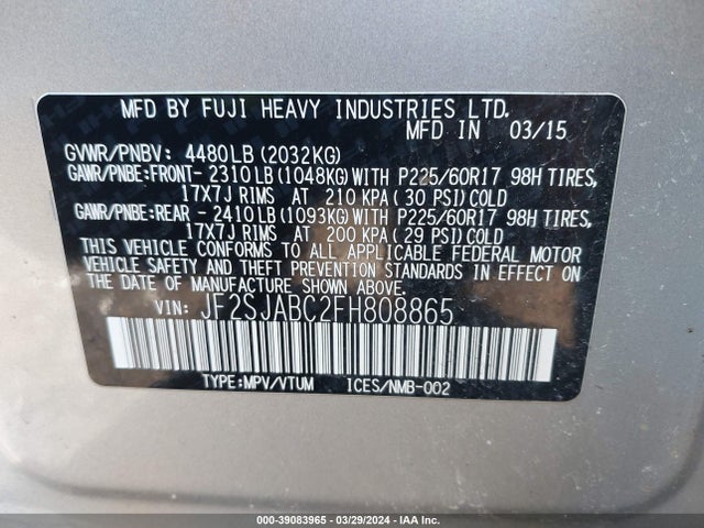 Subaru Forester 2.5i 2015 JF2SJABC2FH808865 Image 9