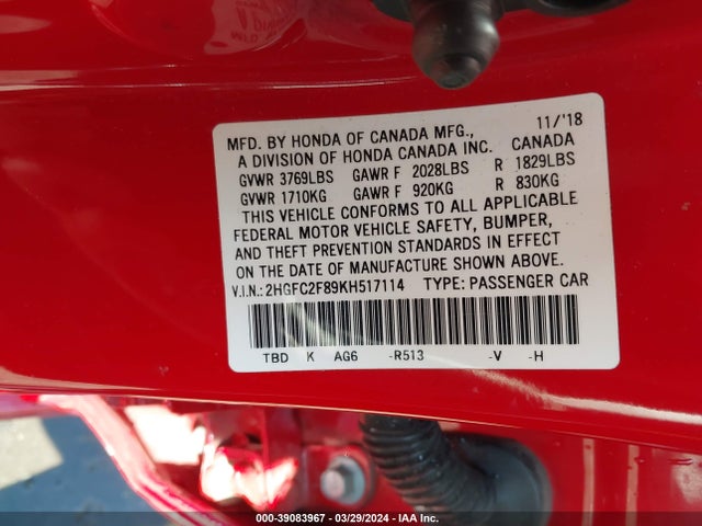 Honda Civic Sport 2019 2HGFC2F89KH517114 Image 9