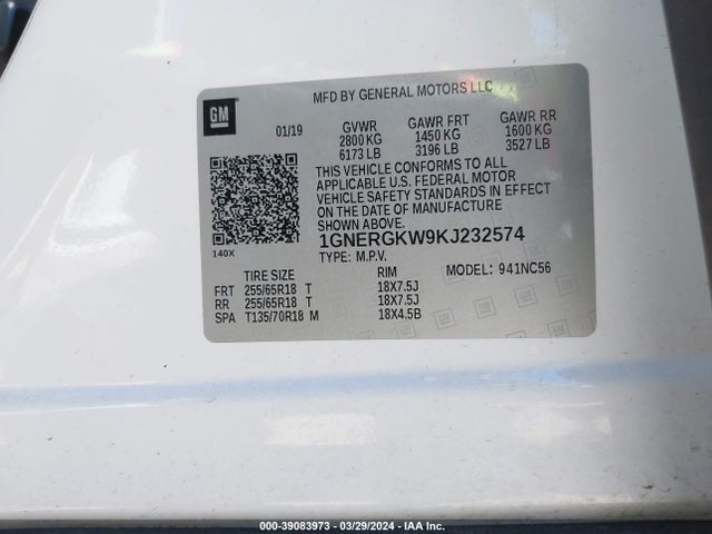 Chevrolet Traverse 1lt 2019 1GNERGKW9KJ232574 Image 9