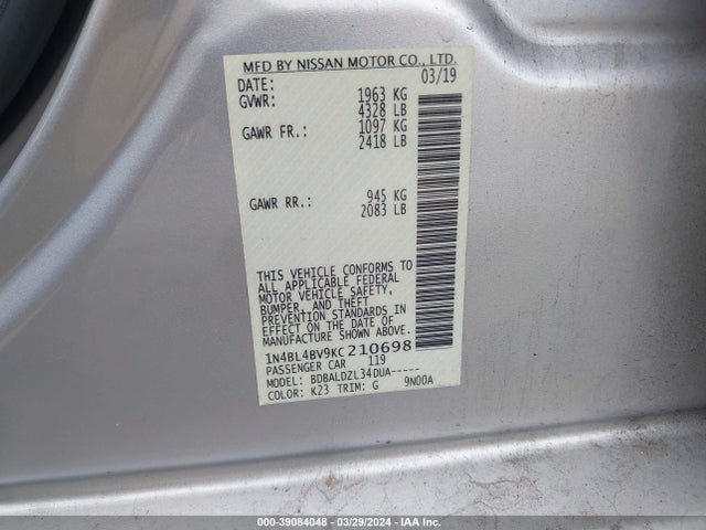 Nissan Altima 2.5 S 2019 1N4BL4BV9KC210698 Image 9