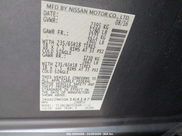 Nissan MURANO SV 2016 5N1AZ2MH5GN164147 Image 9
