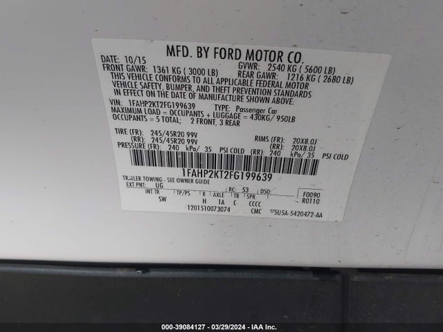 Ford TAURUS SHO 2015 1FAHP2KT2FG199639 Image 9