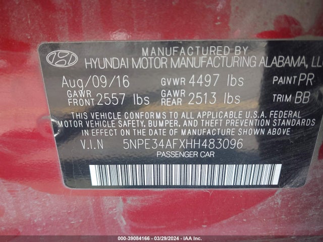 Hyundai Sonata Limited 2017 5NPE34AFXHH483096 Image 9