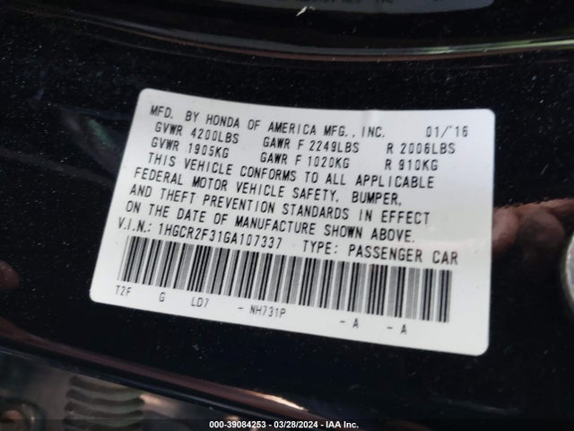 Honda ACCORD LX 2016 1HGCR2F31GA107337 Image 9