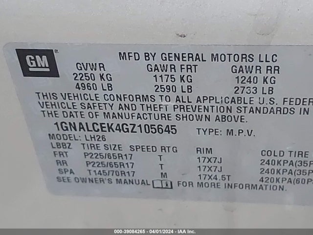 Chevrolet EQUINOX LT 2016 1GNALCEK4GZ105645 Image 9