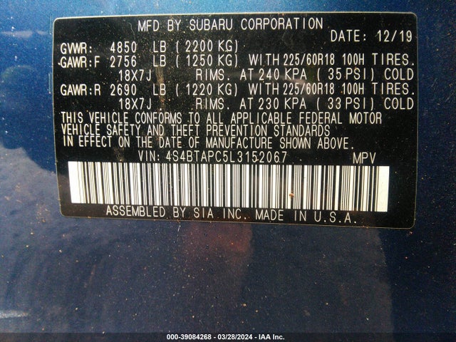 Subaru Outback Touring 2020 4S4BTAPC5L3152067 Image 9