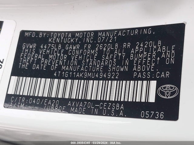 Toyota CAMRY SE 2021 4T1G11AK9MU494922 Image 9
