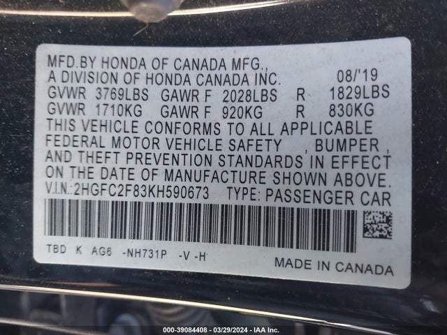 Honda Civic Sport 2019 2HGFC2F83KH590673 Image 9