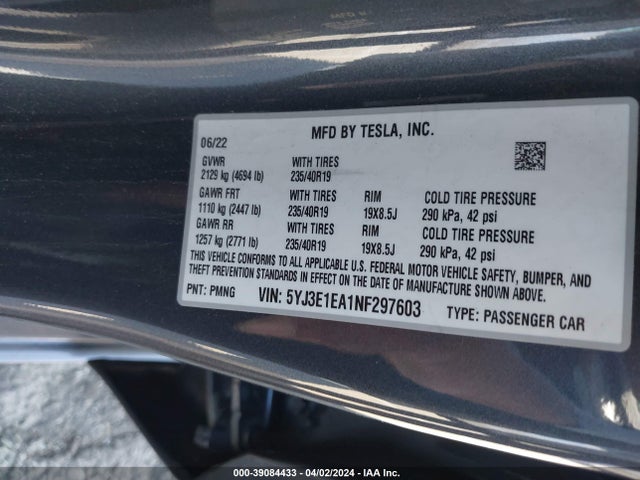 Tesla Model 3 Rear-wheel Drive 2022 5YJ3E1EA1NF297603 Image 9