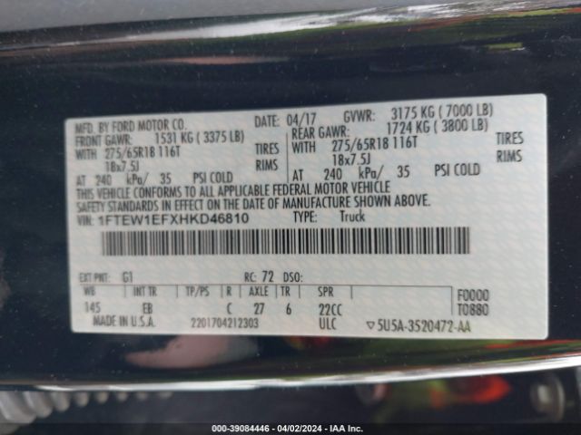 1FTEW1EFXHKD46810 Ford F-150 Lariat