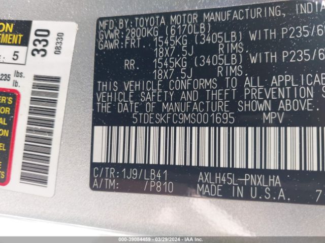 5TDESKFC9MS001695 Toyota Sienna Platinum