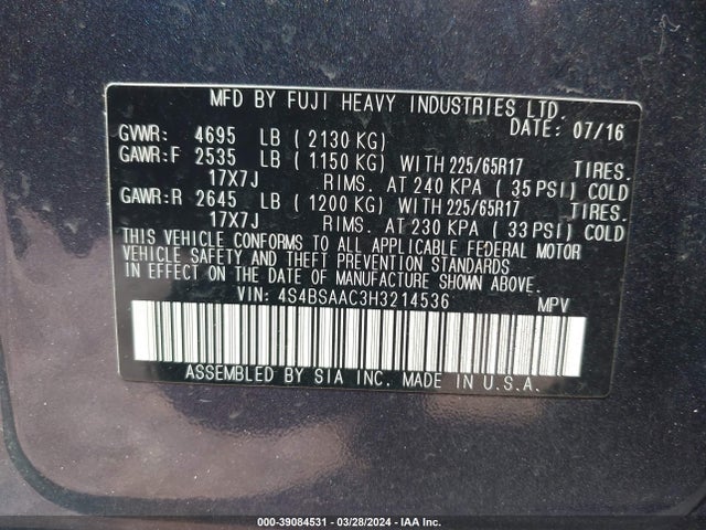 Subaru Outback 2.5i 2017 4S4BSAAC3H3214536 Image 9