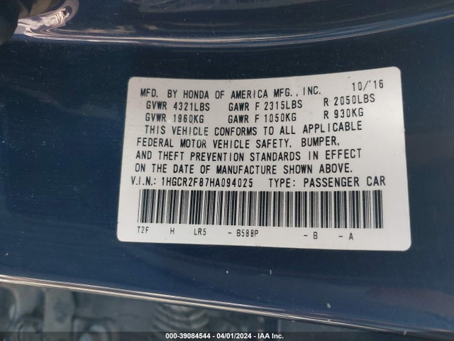 Honda Accord Ex-l 2017 1HGCR2F87HA094025 Image 9