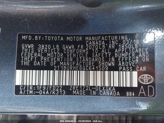 Toyota Corolla S 2016 2T1BURHE6GC641509 Image 9