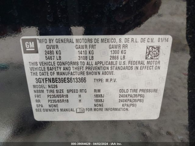 3GYFNBE39ES613366 Cadillac Srx Luxury Collection