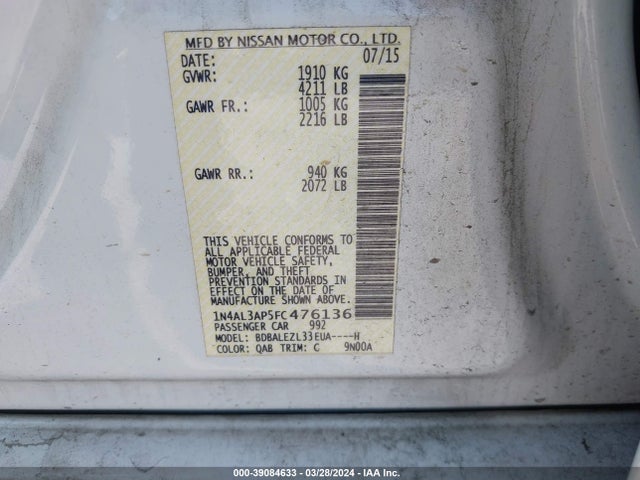 Nissan Altima 2.5 S 2015 1N4AL3AP5FC476136 Image 9