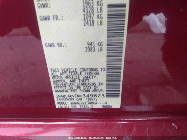 1N4BL4DV7NN349623 Nissan Altima Sv Fwd
